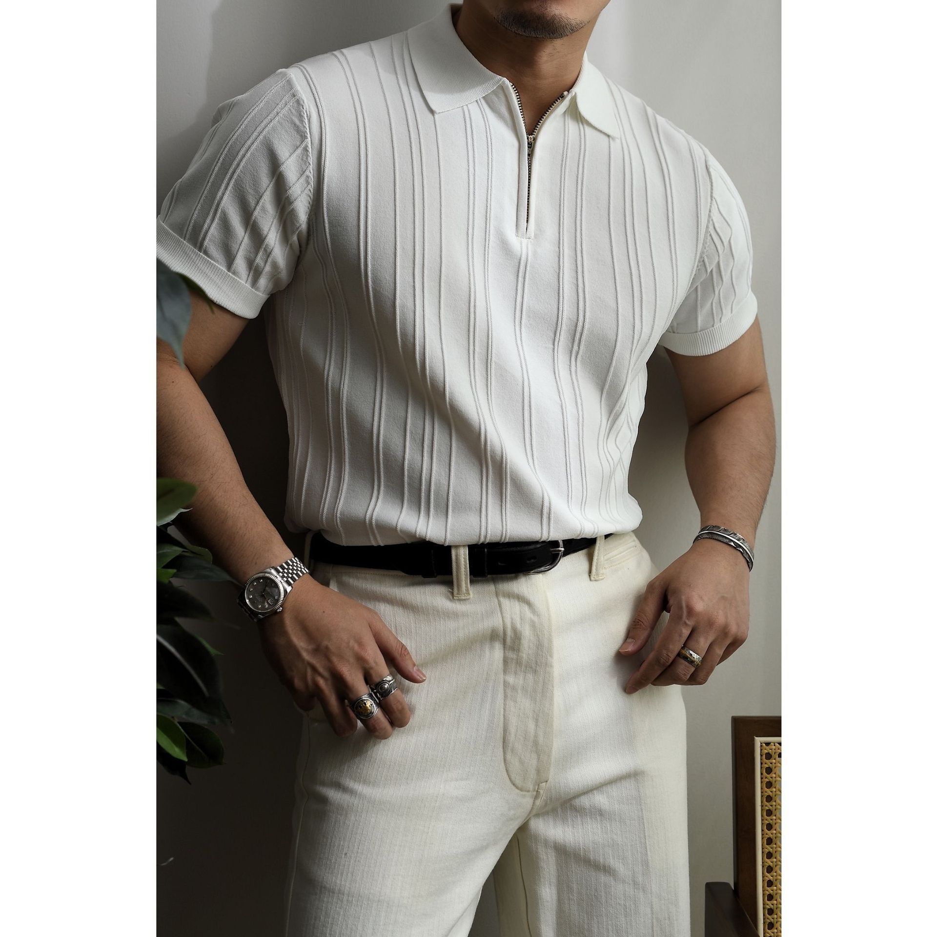 Men's Short-Sleeved Knitted Polo Shirt with Zipper