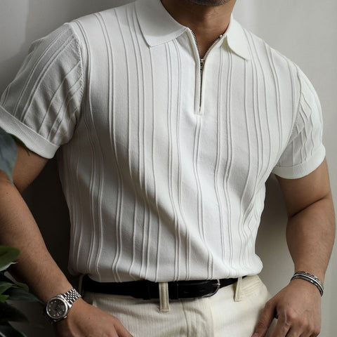 Men's Short-Sleeved Knitted Polo Shirt with Zipper