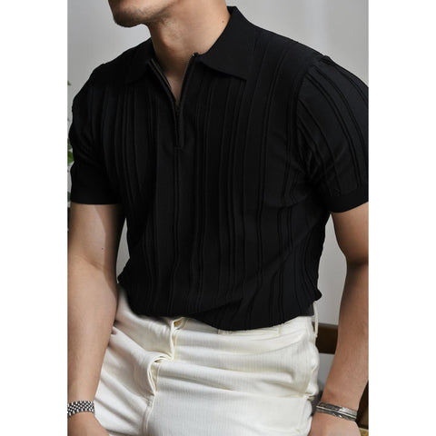 Men's Short-Sleeved Knitted Polo Shirt with Zipper