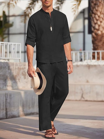 Men's Solid Color Leisure T-Shirt & Long-Sleeved Trousers Suit