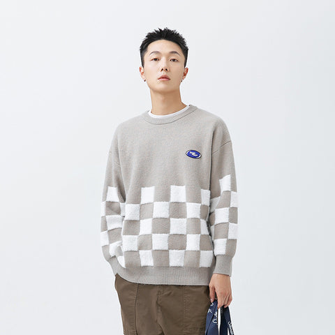 Trendy Men's Retro Sweater Checkboard Pattern for Casual Wear