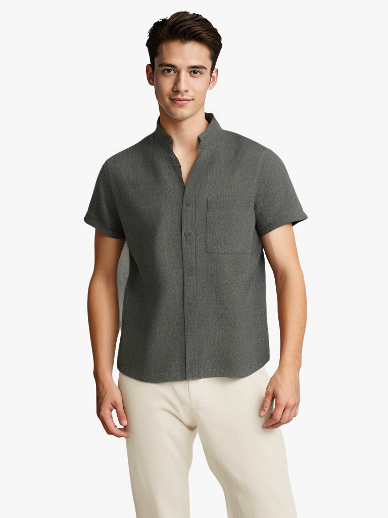 Men's Solid Color Short-Sleeved Lapel Shirt | Breathable Cotton and Linen Top