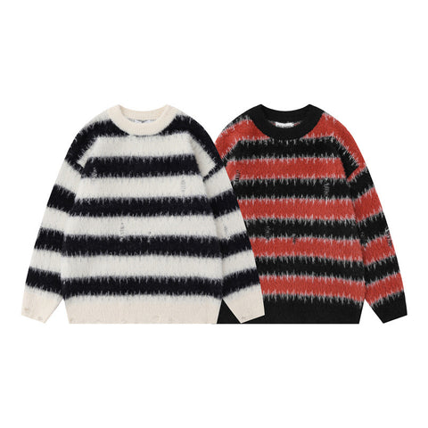 American Style Trendy Contrast Color Striped Loose Sweater