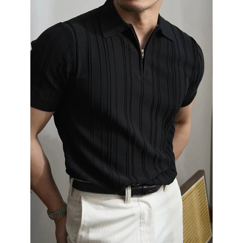 Men's Short-Sleeved Knitted Polo Shirt with Zipper