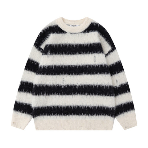 American Style Trendy Contrast Color Striped Loose Sweater