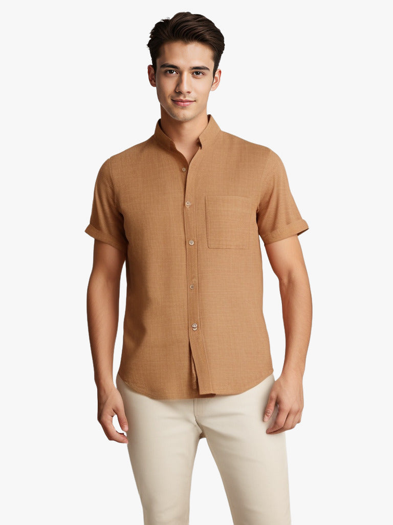 Men's Solid Color Short-Sleeved Lapel Shirt | Breathable Cotton and Linen Top