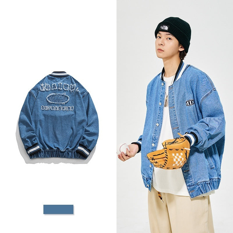 Men's Washed Denim Jacket: Affixed Cloth with Unique Embroidery