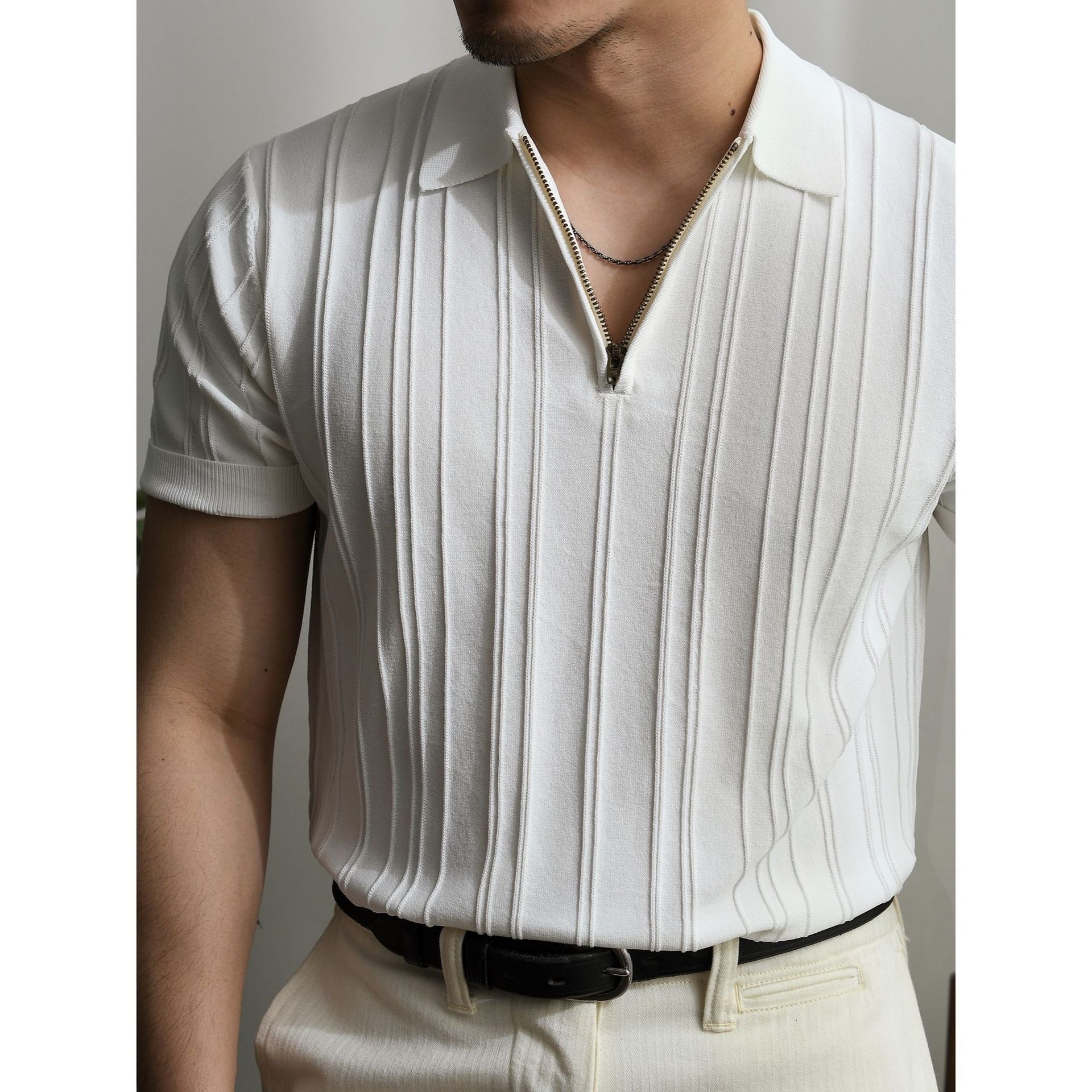 Men's Short-Sleeved Knitted Polo Shirt with Zipper