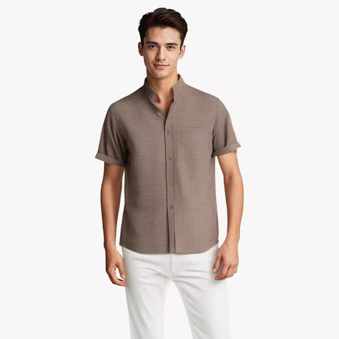 Men's Solid Color Short-Sleeved Lapel Shirt | Breathable Cotton and Linen Top