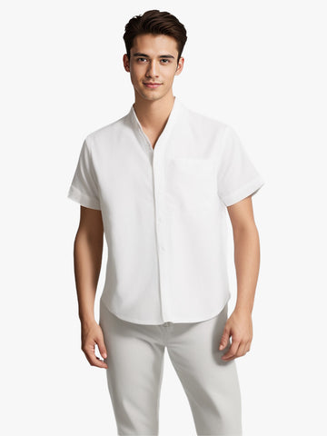 Men's Solid Color Short-Sleeved Lapel Shirt | Breathable Cotton and Linen Top