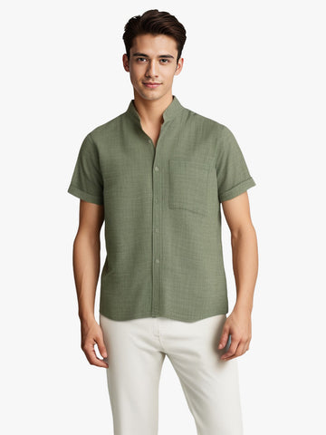 Men's Solid Color Short-Sleeved Lapel Shirt | Breathable Cotton and Linen Top