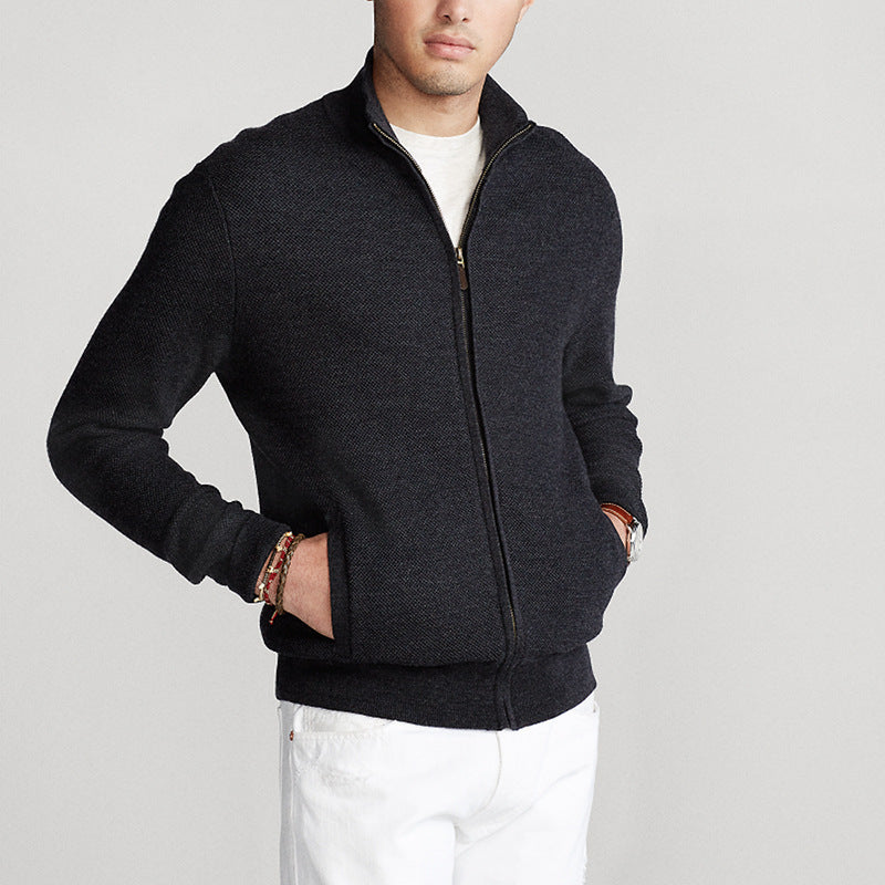 Men's Solid Color Cotton Turtleneck Sweater with Zipper