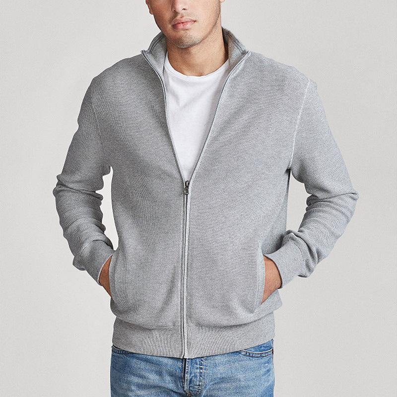 Men's Solid Color Cotton Turtleneck Sweater with Zipper