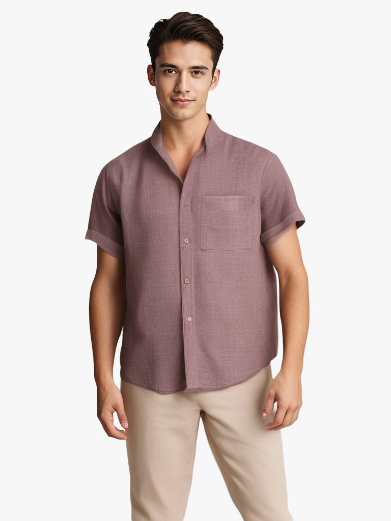 Men's Solid Color Short-Sleeved Lapel Shirt | Breathable Cotton and Linen Top