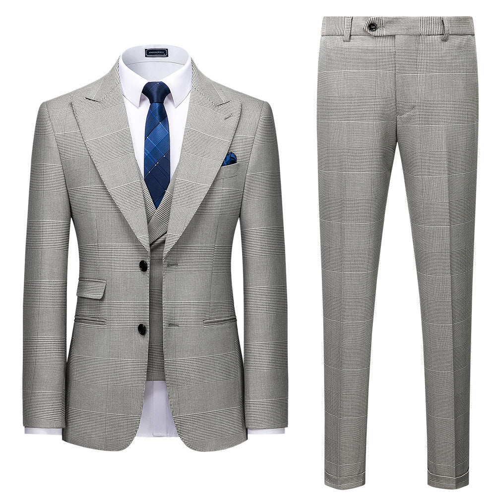 Men's Suit Slim Fit Business Casual Gray Lattice Pattern Three-piece Suit