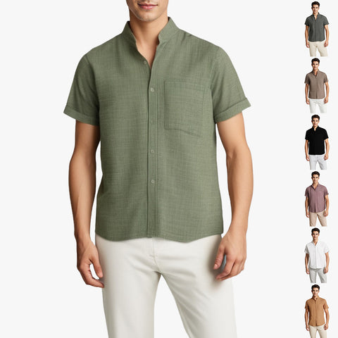 Men's Solid Color Short-Sleeved Lapel Shirt | Breathable Cotton and Linen Top