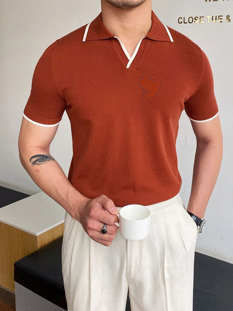 Men Fashion Polo Shirts Short Sleeve Turn-down Collar Patchwork Casual Polos