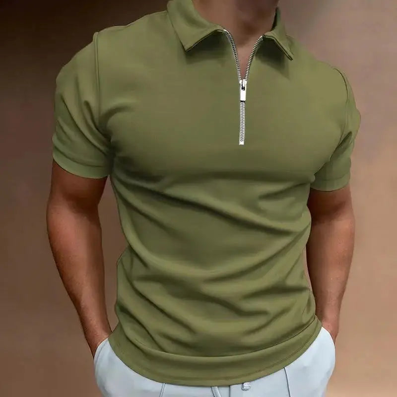 Men's Solid Color Polo Shirt Short Sleeve Turn-Down Collar Zipper