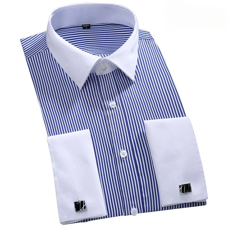 Men's French Cuff Dress Shirt White Long Sleeve Formal Business Buttons Male Shirts Regular Fit Cufflinks Shirt