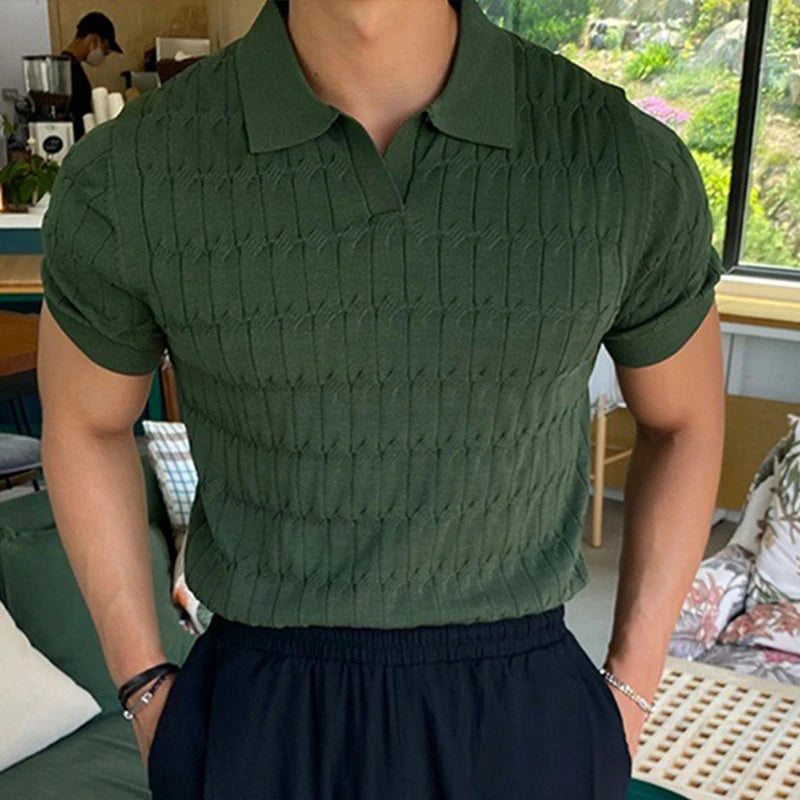 Men's Knitted Jacquard Polo Shirt Casual Stripe V-Neck Solid Color Short Sleeve T-Shirt Breathable Light Luxury Clothing