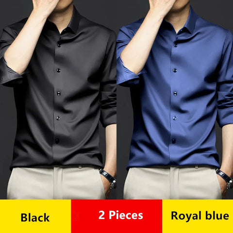 Luxury Men's Social Dress Shirts Smooth Soft Wrinkle-resistant Non-iron Solid Color Casual Ice Silk Stain