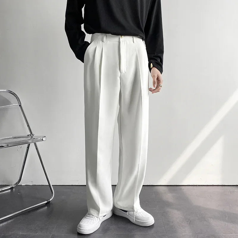 Men White Straight Pants Fashion Korean Loose Suit Trousers Casual Draped Baggy White Wide Pant Male Streetwear