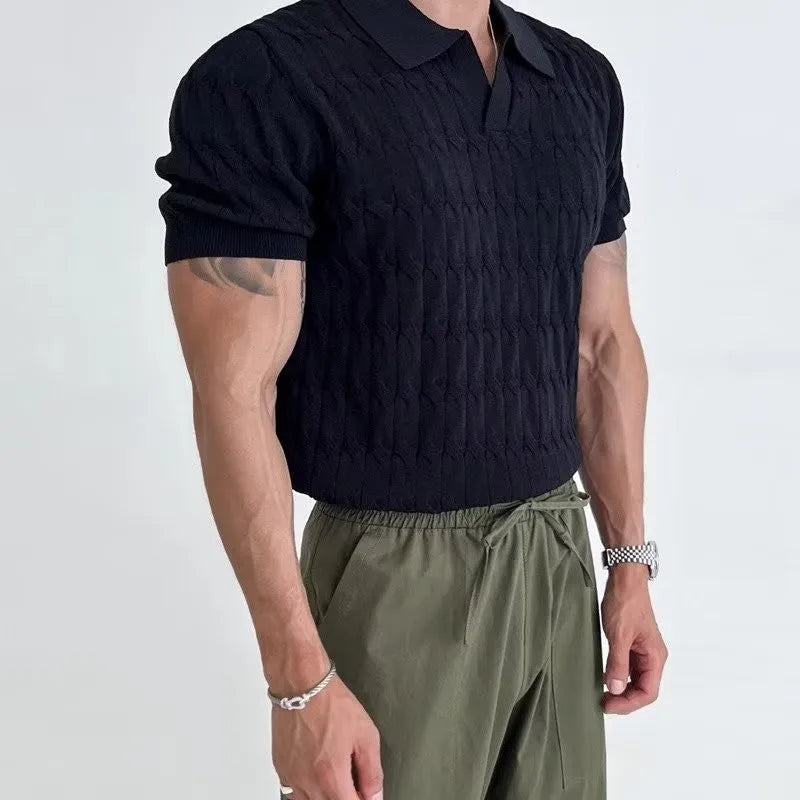 Men's Knitted Jacquard Polo Shirt Casual Stripe V-Neck Solid Color Short Sleeve T-Shirt Breathable Light Luxury Clothing