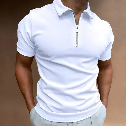 Men's Solid Color Polo Shirt Short Sleeve Turn-Down Collar Zipper