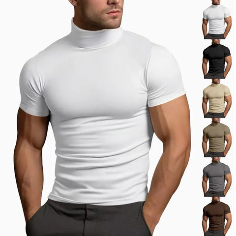 Summer solid color short-sleeved fashion bottoming shirt men's tight turtleneck T-shirt