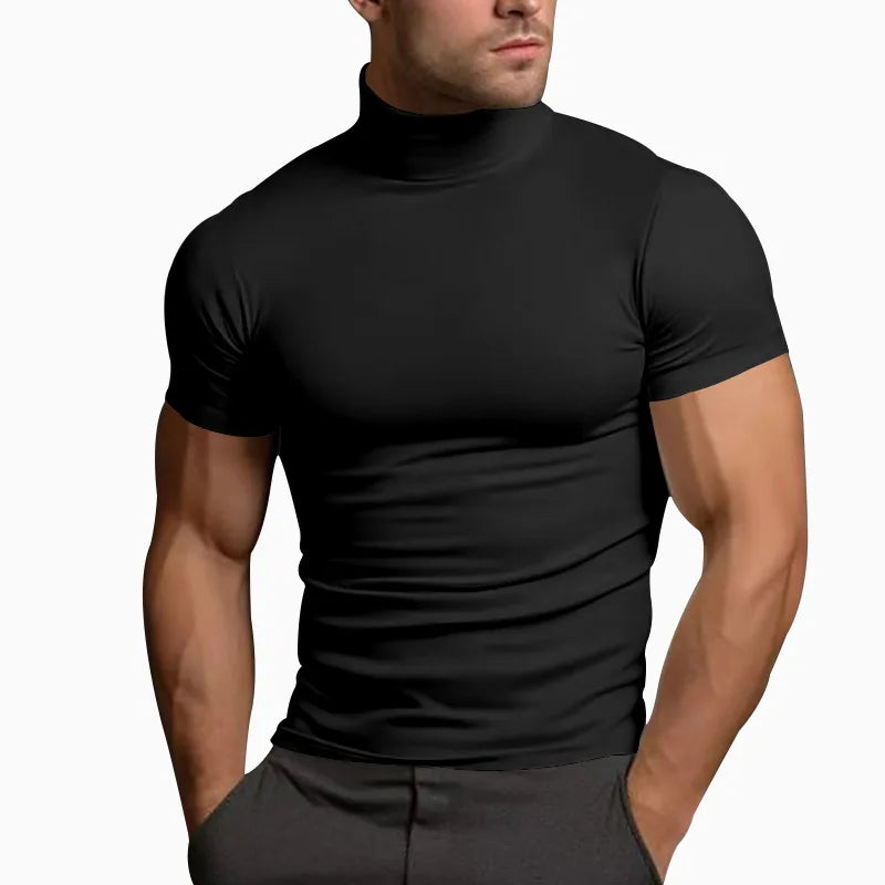 Summer solid color short-sleeved fashion bottoming shirt men's tight turtleneck T-shirt