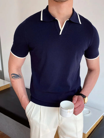 Men Fashion Polo Shirts Short Sleeve Turn-down Collar Patchwork Casual Polos