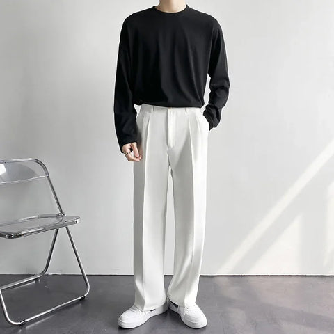 Men White Straight Pants Fashion Korean Loose Suit Trousers Casual Draped Baggy White Wide Pant Male Streetwear