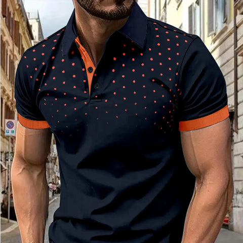 Men's 3D printed short sleeve and lapel short sleeve color matching fashion