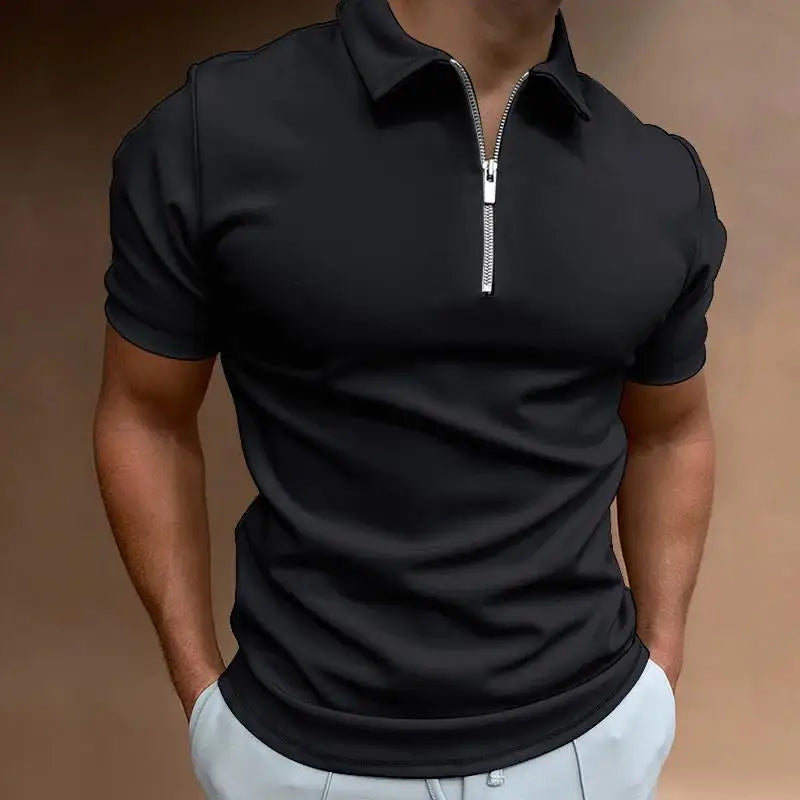 Men's Solid Color Polo Shirt Short Sleeve Turn-Down Collar Zipper