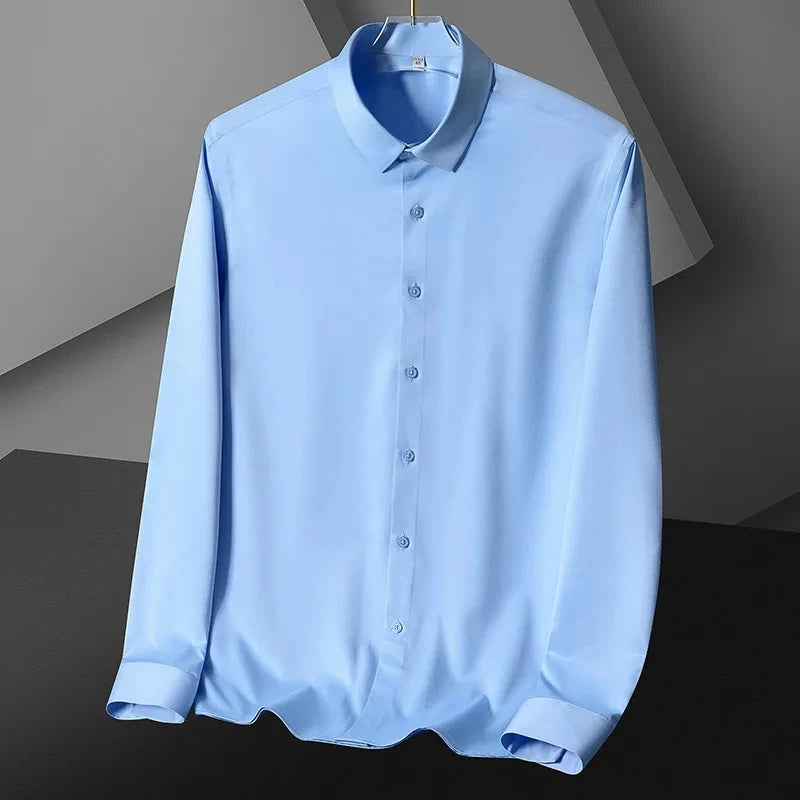 Luxury Men's Social Dress Shirts Smooth Soft Wrinkle-resistant Non-iron Solid Color Casual Ice Silk Stain