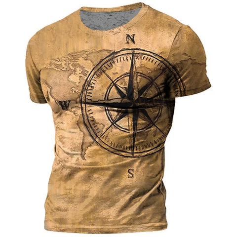 Vintage Men's T-shirt Summer American Shirt Tops Compass Printed Short-sleeve