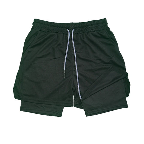 Men's Double Layer Fitness Shorts Drawstring Mesh Lining Elastic Waist