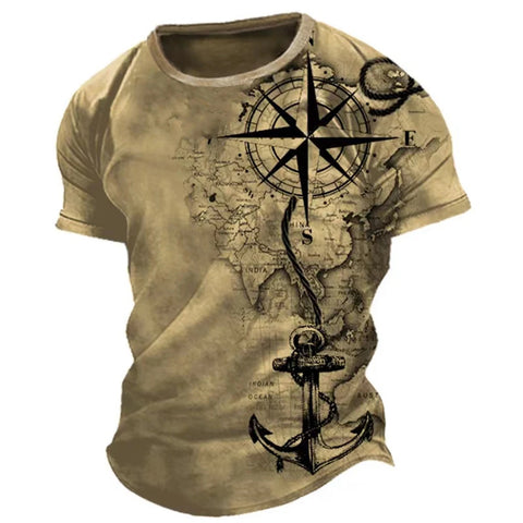 Vintage Men's T-shirt Summer American Shirt Tops Compass Printed Short-sleeve