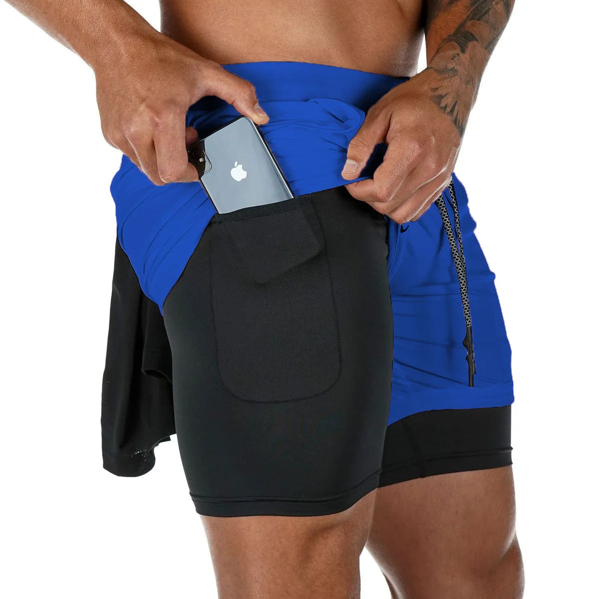 Men's Double Layer Fitness Shorts Drawstring Mesh Lining Elastic Waist