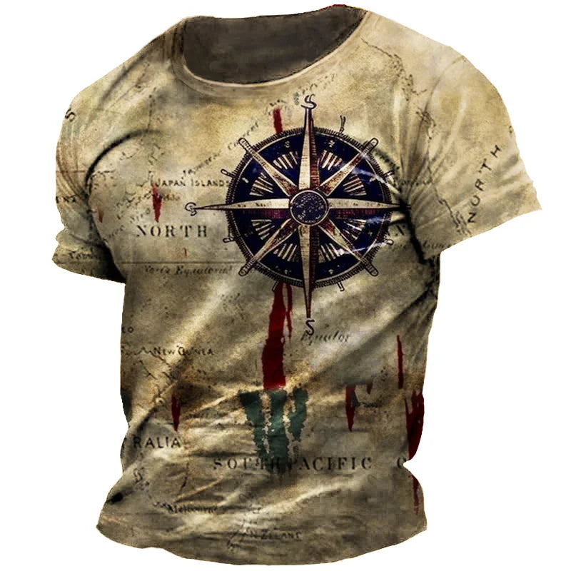 Vintage Men's T-shirt Summer American Shirt Tops Compass Printed Short-sleeve