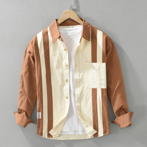 Fashionable Men's Long-Sleeved Shirt Retro-Inspired Stitching Style