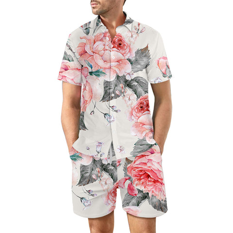 Men Printed Beach Matching Set, Casual Summer Beach 2 Piece Outfits Button Down Short Sleeve Shirts and Shorts