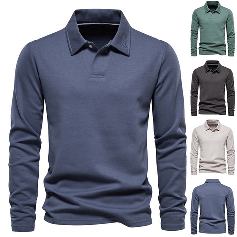 Men's Classic Long-Sleeved Polo Shirt - Solid Color Casual Fashion Lapel