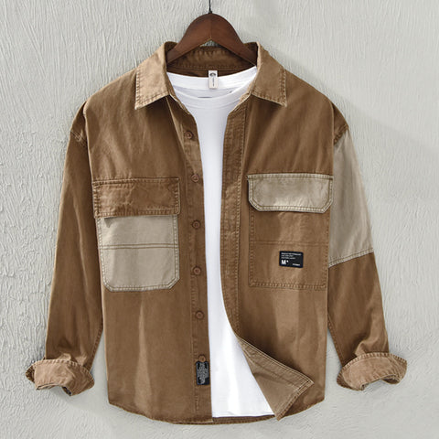 Men's Trendy Long Sleeve Color Contrast Patchwork Workwear Shirt