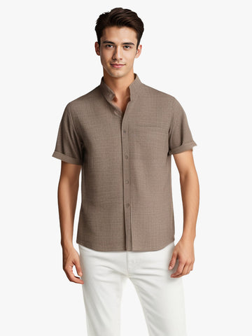 Men's Solid Color Short-Sleeved Lapel Shirt | Breathable Cotton and Linen Top